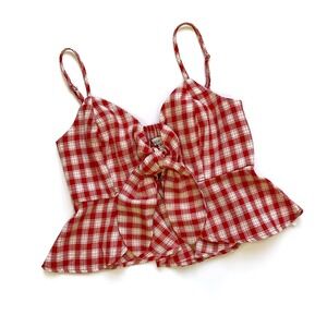 Moon River Top Women Large Red Gingham Print Summer Bow Tank Crop NWT